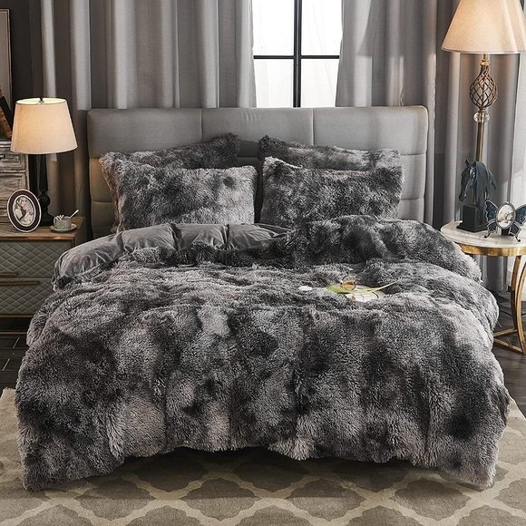 Shaggy Fluffy Faux Fur Duvet Cover Set Button Closure Velvety Bedding Se…